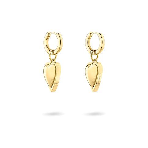 Orecchini Liebeskind: in acciaio inossidabile color oro con pendenti lucidi a forma di cuore.
