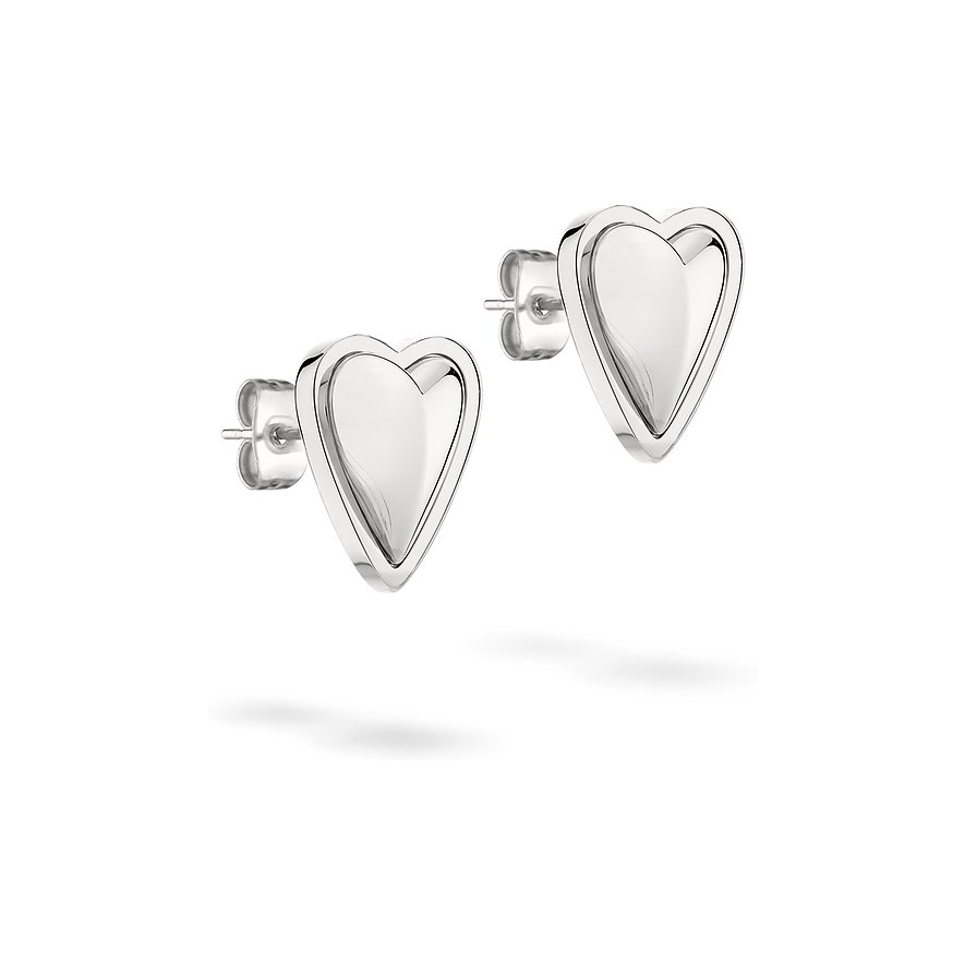 Liebeskind Ohrschmuck: Gl furnzende, herzf formige Edelstahl-Ohrstecker in Silber, seitlich positioniert.