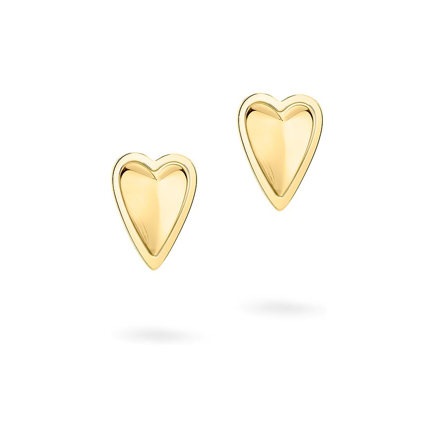 Zwei goldfarbene Liebeskind Ohrringe aus Edelstahl in Herzform mit glänzender Oberfläche.