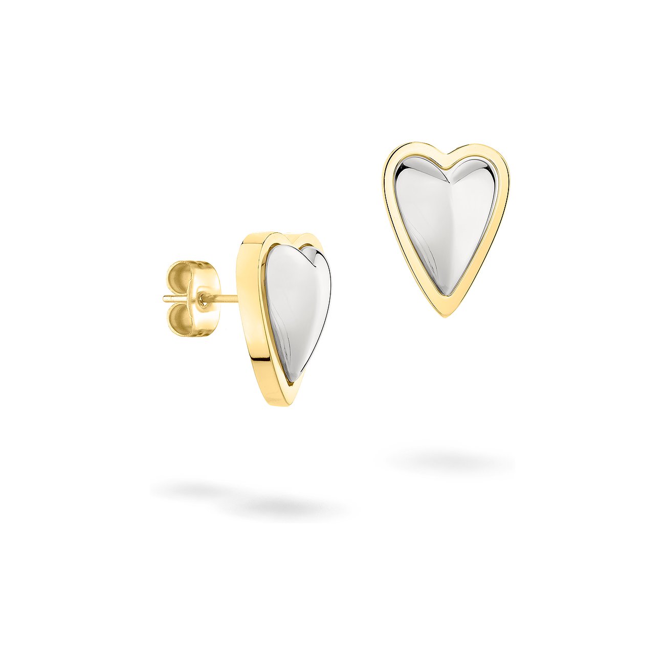Liebeskind Ohrschmuck aus gelb- und silberfarbenem Edelstahl gefertigt, in Herzform mit spiegelnder Oberfläche.