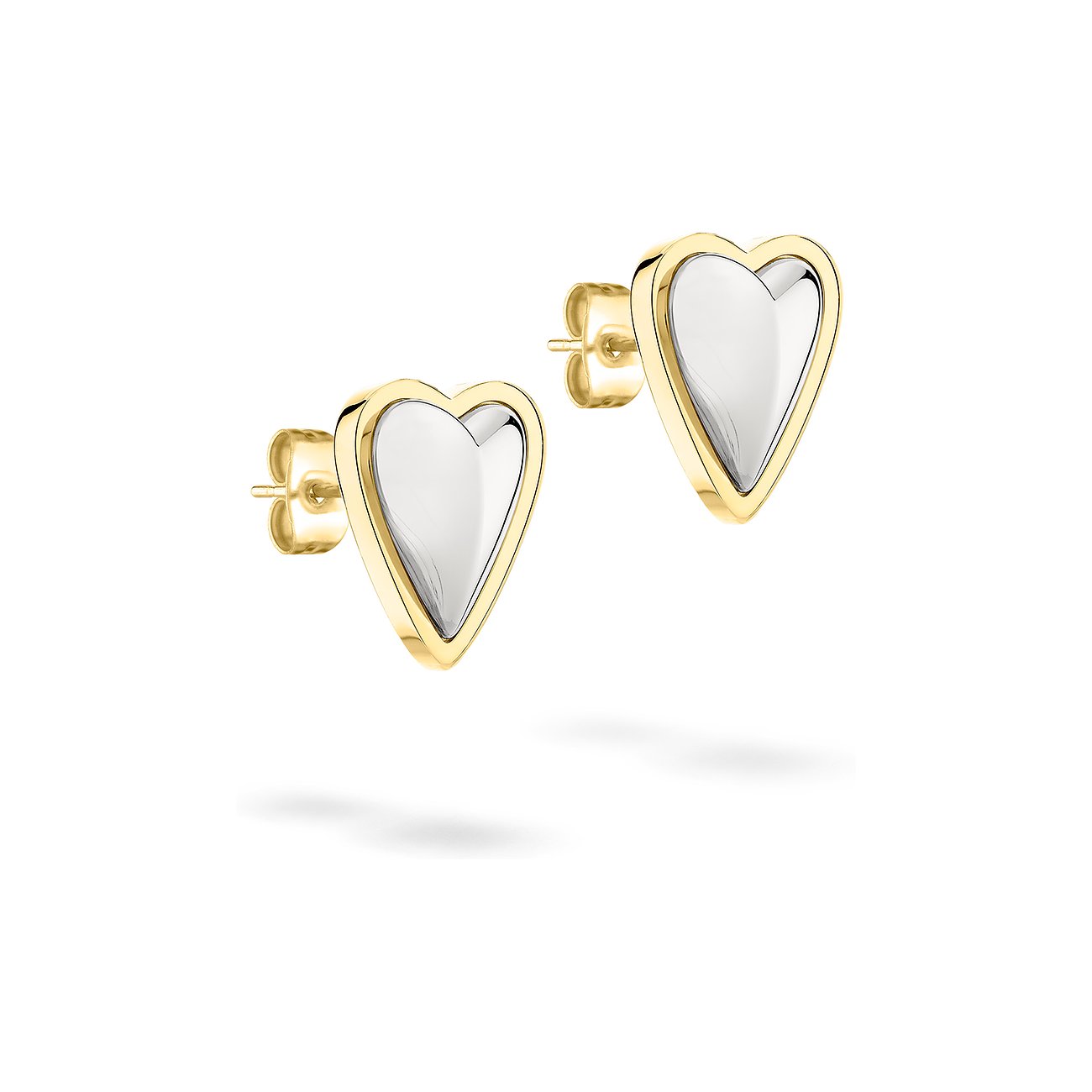 Ein Paar herzförmige Liebeskind Ohrringe aus gold- und silberfarbenem Edelstahl für Ohrschmuck.