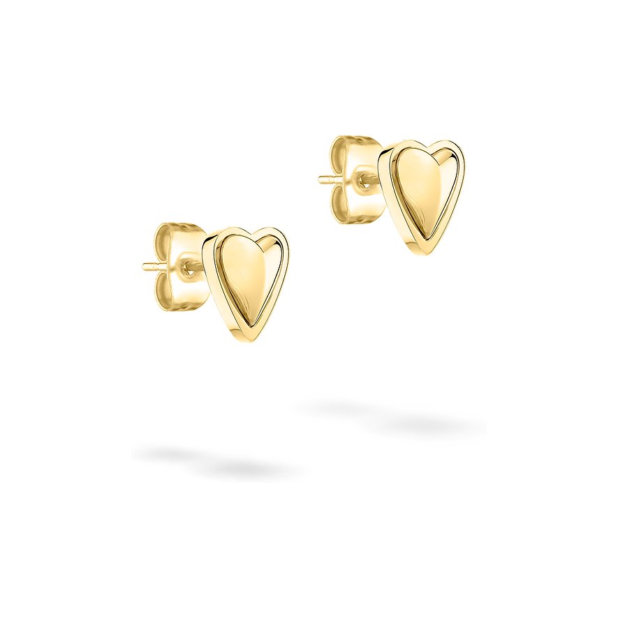 Ein Paar goldfarbene herzförmige Ohrstecker aus Edelstahl von Liebeskind sind frontal aufgenommen.