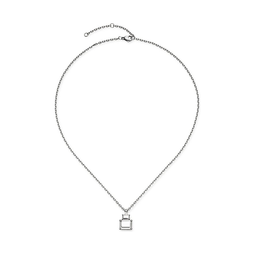 Un collier Liebeskind en acier inoxydable avec un pendentif à monture rectangulaire, vu de face.