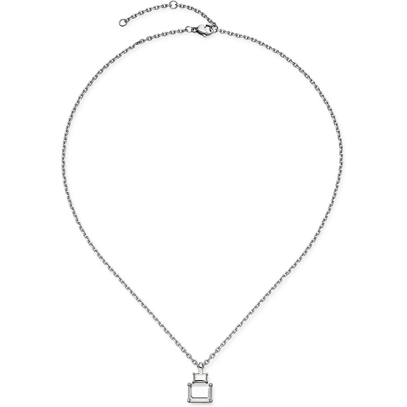 Un collier Liebeskind en acier inoxydable avec un pendentif à monture rectangulaire, vu de face.