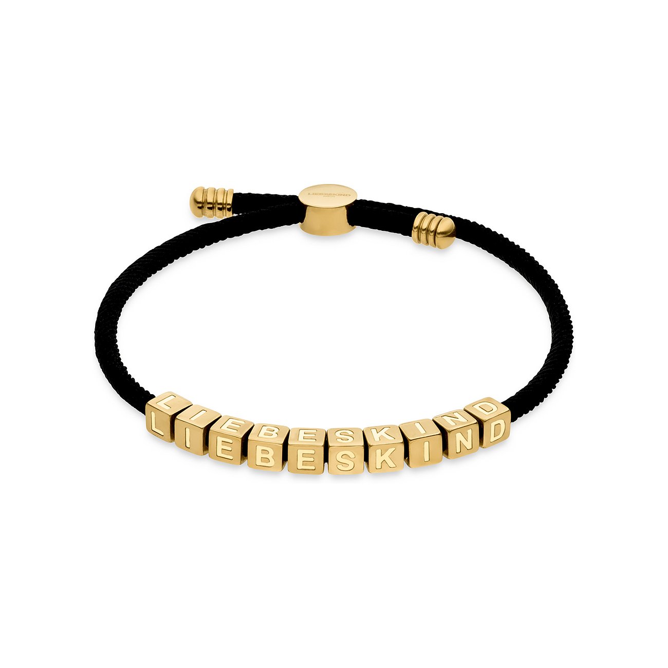 Ein schwarzes Liebeskind Edelstahl Armband mit goldenen Würfelperlen, die den Schriftzug 