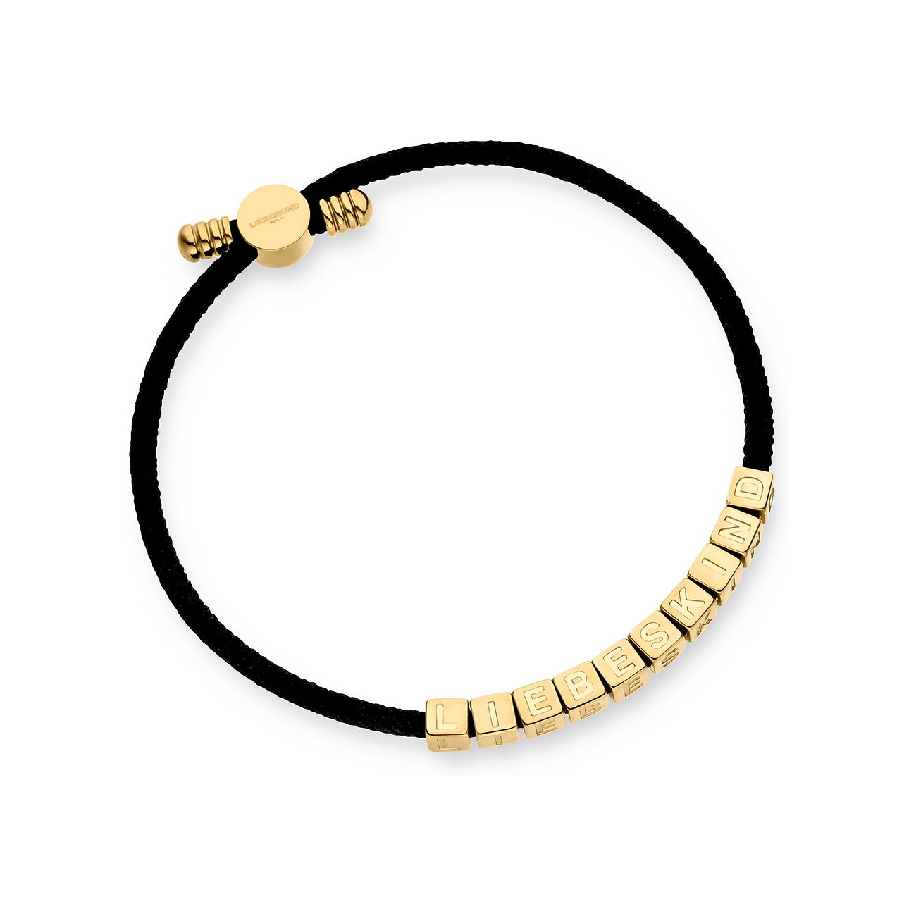 Armband von Liebeskind Berlin aus schwarzem Textilband mit goldenen Edelstahlperlen, die „LIEBESKIND“ bilden.