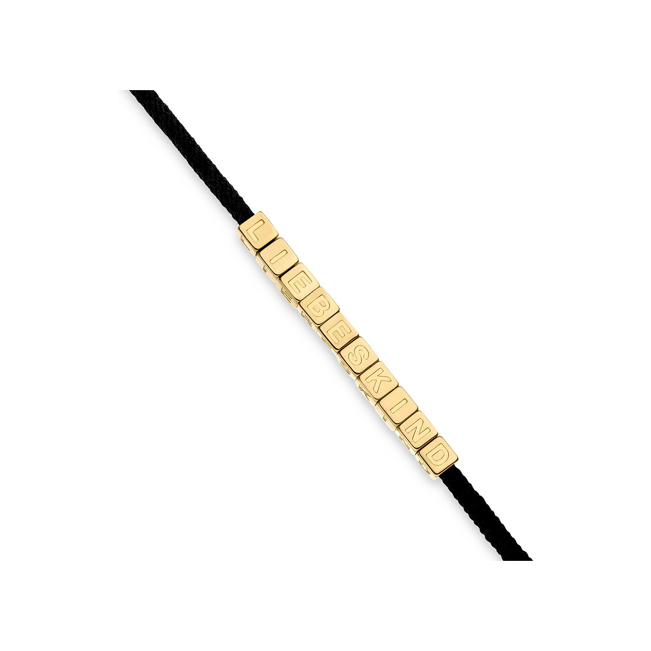 Nahaufnahme eines Liebeskind Armschmuck-Armbands aus goldenem Edelstahl mit schwarzen Bändern die