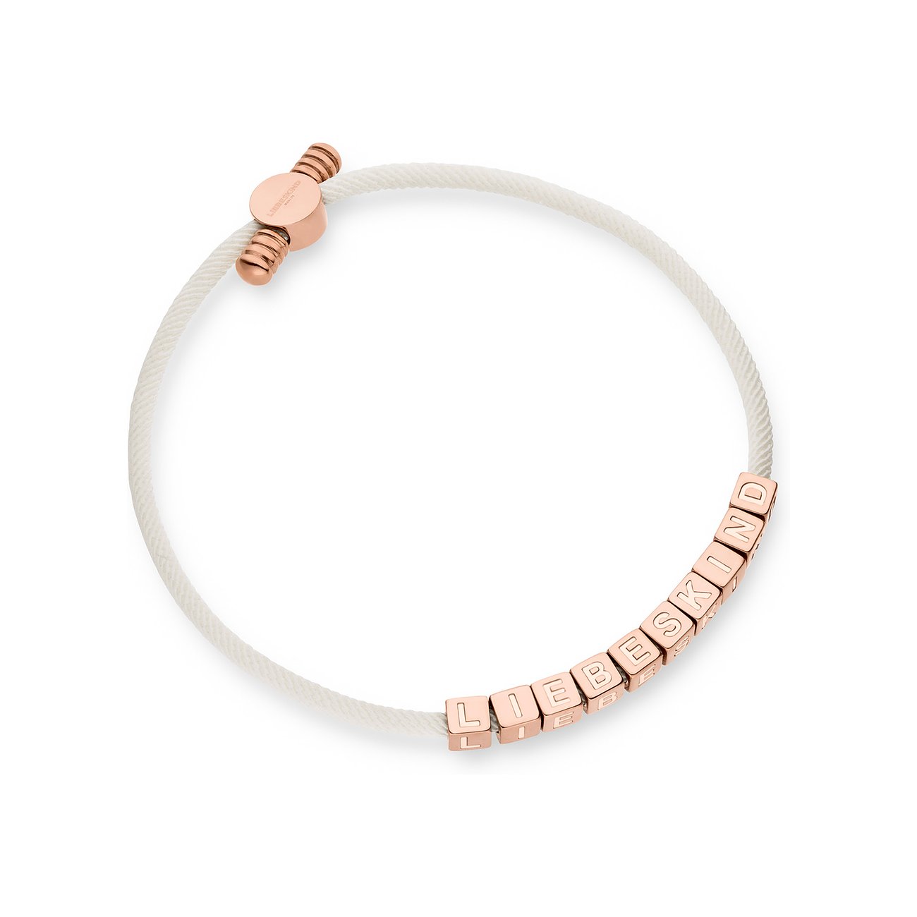 Armband von Liebeskind aus Edelstahl mit rosegoldenen Würfeln. Auf den Würfeln steht 