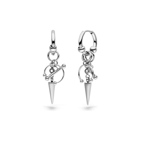 Liebeskind Ohrschmuck aus Edelstahl, bestehend aus zwei Creolen. Daran hängen Anhänger mit klarer Fassung und Stacheln.