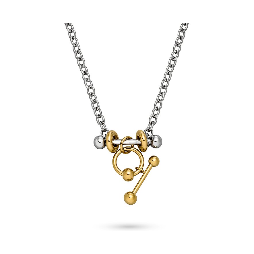 Liebeskind Halsschmuck aus Edelstahl mit silber- und goldfarbener Kette und einem Knebelverschluss.