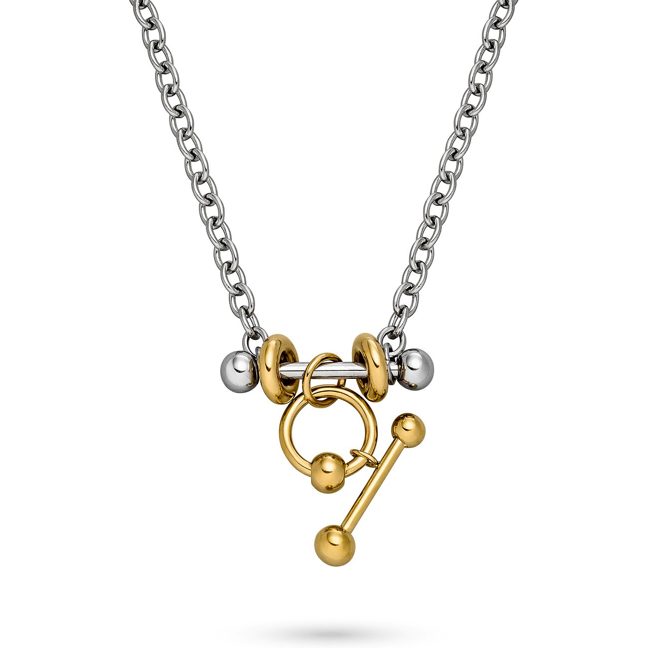 Liebeskind Halsschmuck aus Edelstahl mit silber- und goldfarbener Kette und einem Knebelverschluss.