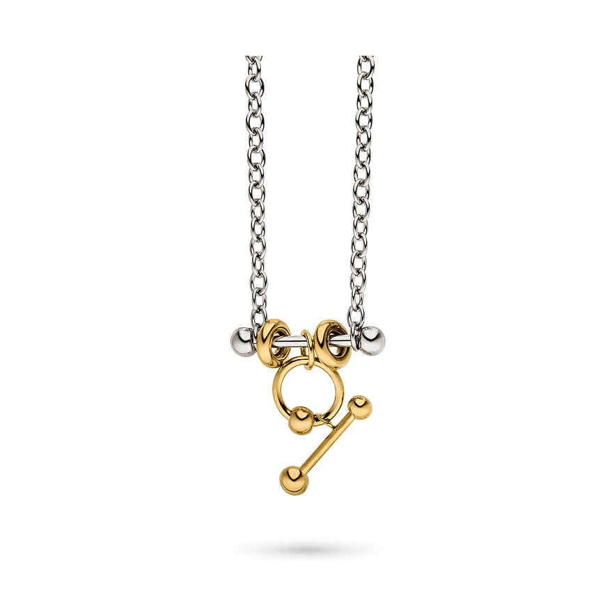 Eine Liebeskind Halsschmuck-Kette aus Edelstahl mit silberner Kette und goldfarbenem Knebelverschluss.