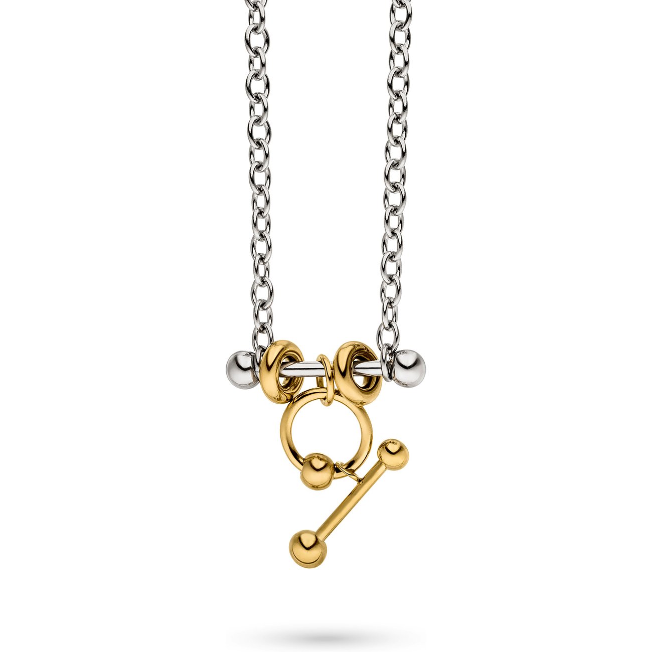 Eine Liebeskind Halsschmuck-Kette aus Edelstahl mit silberner Kette und goldfarbenem Knebelverschluss.