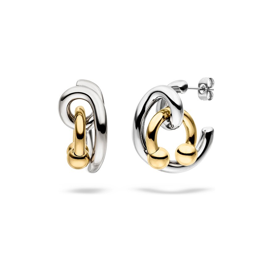 Liebeskind Ohrschmuck aus Edelstahl, der aus zwei ineinander verschlungenen, unterschiedlich gefärbten Ringen besteht.