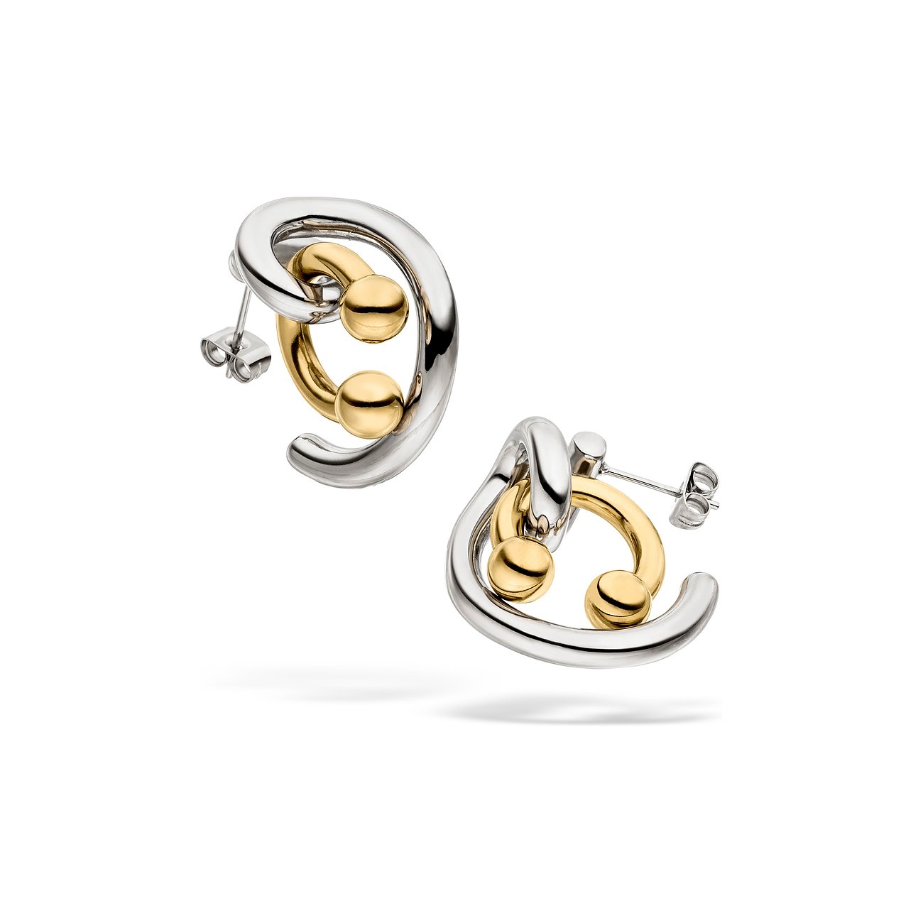 Zwei moderne Liebeskind Ohrstecker aus Edelstahl in Bicolor-Optik mit einer silbernen Schleife und einem goldenen Element.