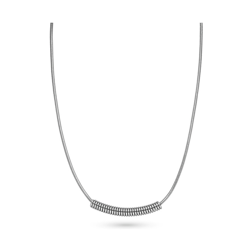 Close-up van de Liebeskind roestvrijstalen ketting, bestaande uit een fijne ketting en kleine, cilindrische elementen.