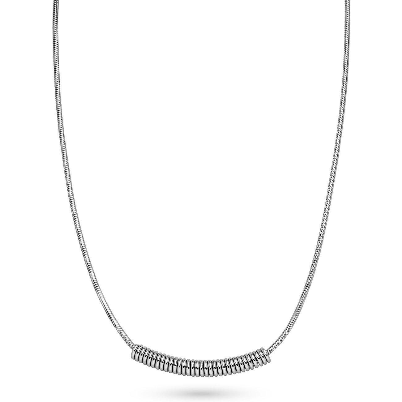 Close-up van de Liebeskind roestvrijstalen ketting, bestaande uit een fijne ketting en kleine, cilindrische elementen.