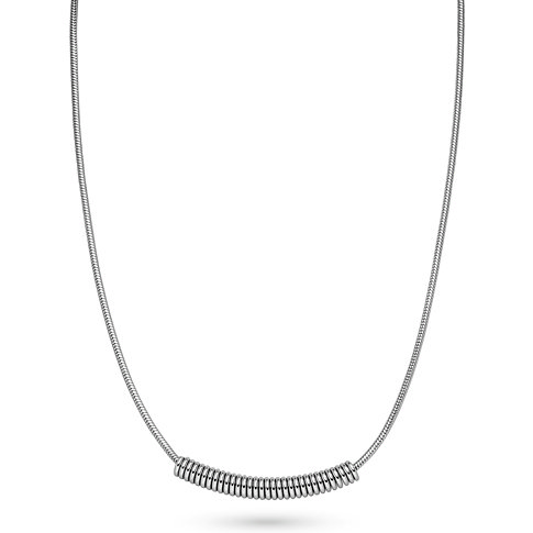 Close-up van de Liebeskind roestvrijstalen ketting, bestaande uit een fijne ketting en kleine, cilindrische elementen.