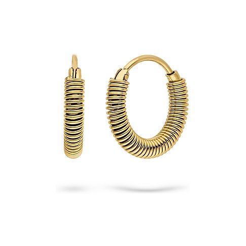 Due orecchini Liebeskind in acciaio inossidabile color oro, a forma di anelli a spirale, inclinati in primo piano.