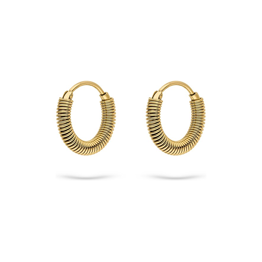Deux boucles d'oreilles Liebeskind en acier inoxydable doré, en forme d'anneaux et ornées de fines rainures.