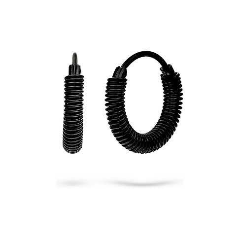 Ein Paar Liebeskind Creolen aus schwarzem Edelstahl mit spiralförmigem Design, freigestellt.