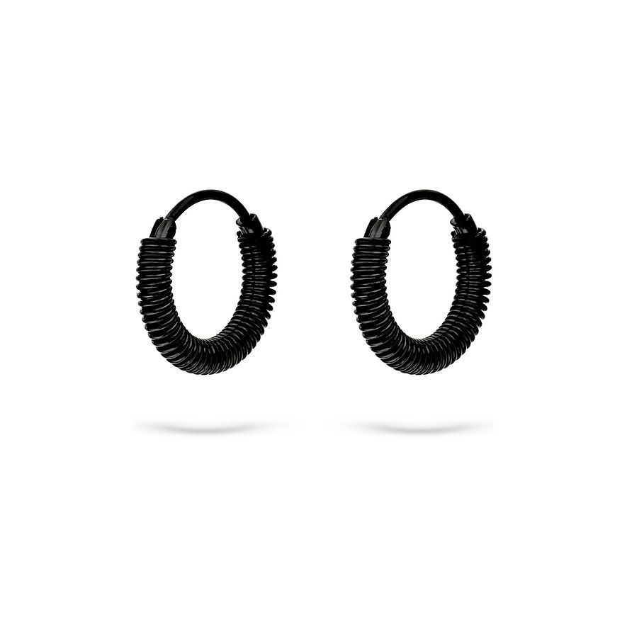 Une paire de boucles d'oreilles Liebeskind en acier inoxydable noir, dont les créoles sont cannelées en spirale.