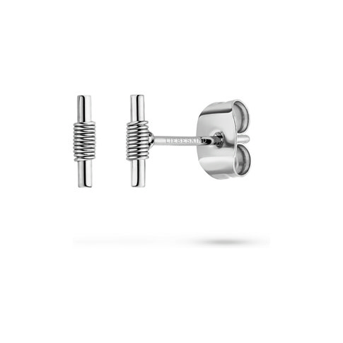 Orecchini Liebeskind in acciaio inox con barrette verticali e dettagli intrecciati, accanto alla chiusura.