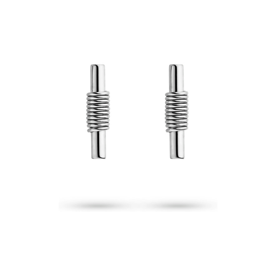 To Liebeskind øreringe i rustfrit stål. Ørestikkerne har et slankt design med en spiral i midten.