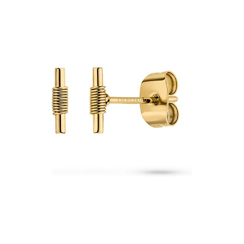 Orecchini a perno Liebeskind in acciaio inossidabile color oro. Due barre verticali parallele avvolte al centro da un nastro.