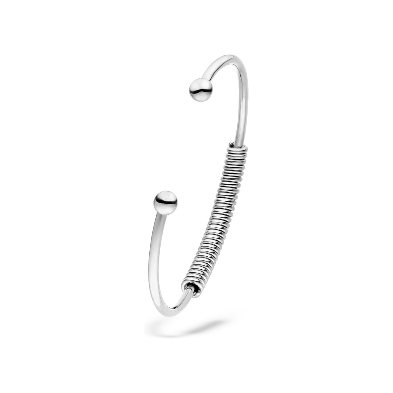Ein silbernes Liebeskind Edelstahl-Armband mit offenen Enden, die in Kugeln münden und einer Spiralfeder.