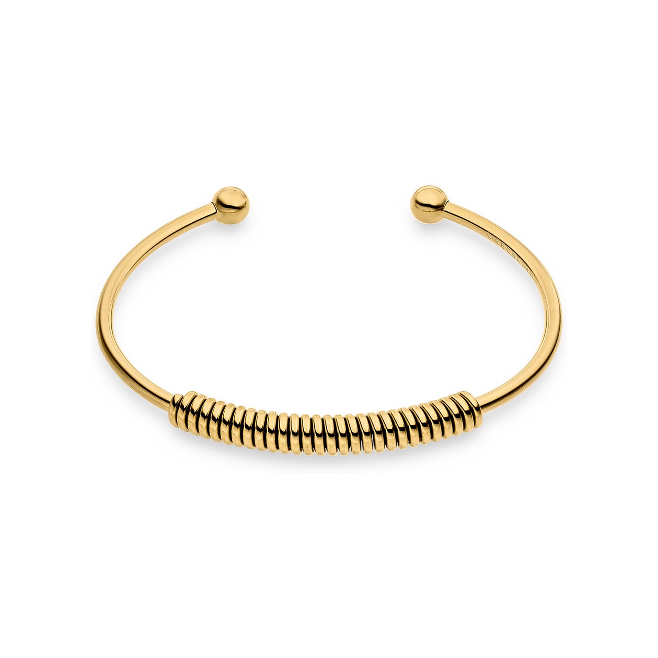 Een gouden Liebeskind roestvrijstalen armband met een spiraalvormige wikkeling in het midden.