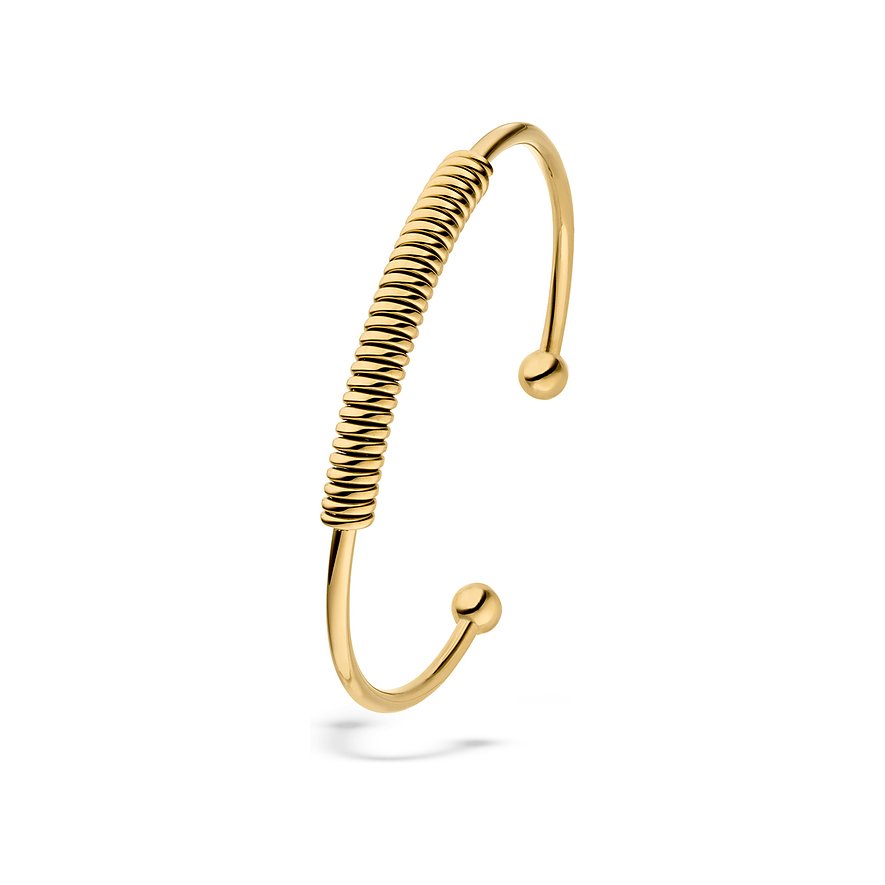 Liebeskind armband van verguld roestvrij staal met spiraalvormige wikkeling aan één zijde en kogeluiteinden.