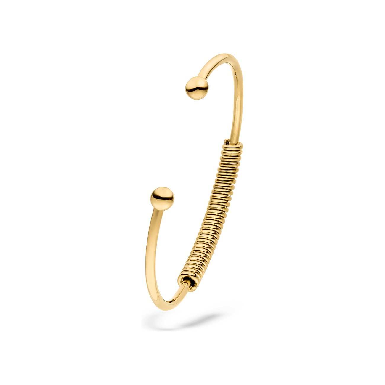 Liebeskind armband van geel verguld roestvrij staal, met een veerachtig element in het midden.