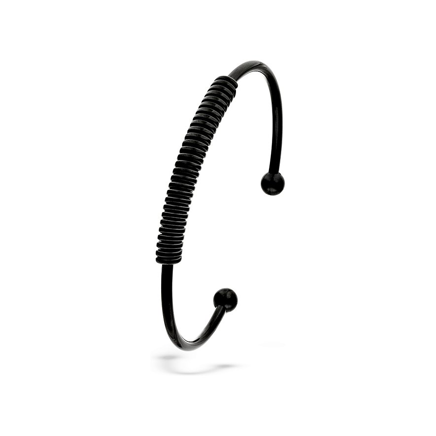 Liebeskind Armschmuck aus schwarzem Edelstahl Armreif mit gewickeltem Band und zwei Kugelendstücken, Detailansicht.