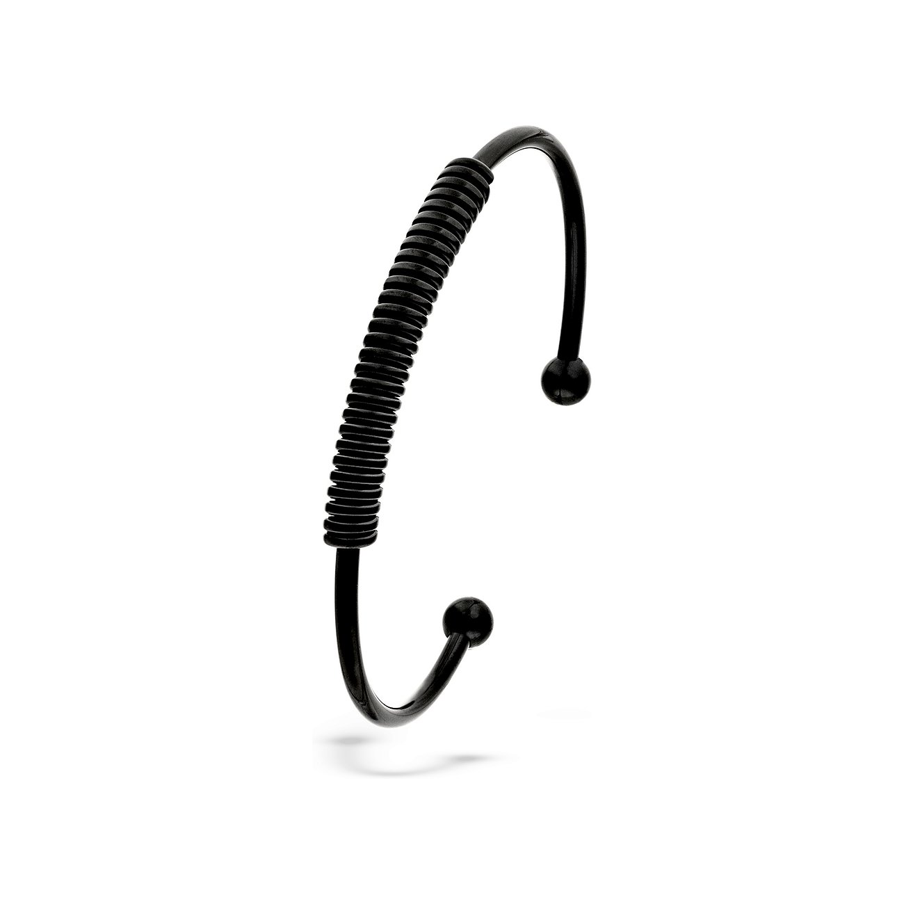 Liebeskind Armschmuck aus schwarzem Edelstahl Armreif mit gewickeltem Band und zwei Kugelendstücken, Detailansicht.