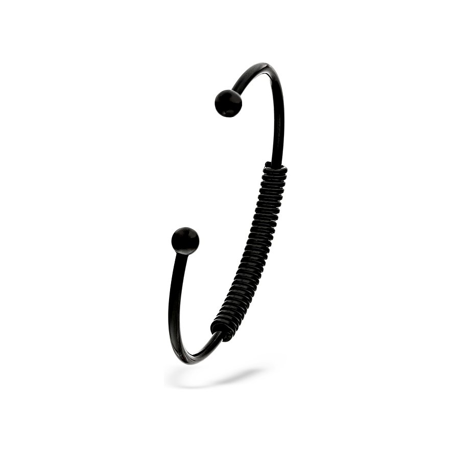 Ein schwarzer Liebeskind Armschmuck aus Edelstahl, offen gebogen mit Kugelenden und Federdetails in der Mitte.
