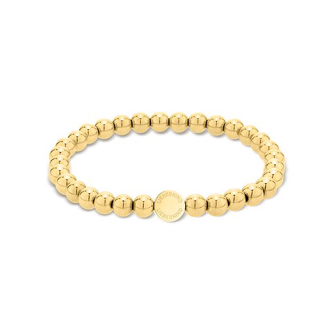 Bracciale Liebeskind in acciaio inox color oro con perle lucide e logo rotondo del marchio.