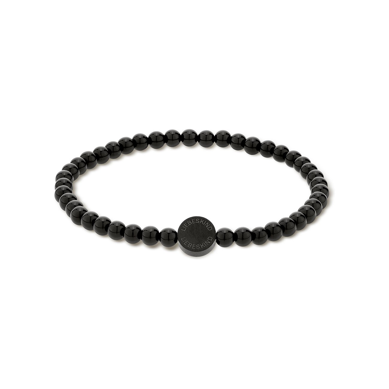 Liebeskind armband i rostfritt stål, med glänsande svarta pärlor och ett runt märkeshänge.