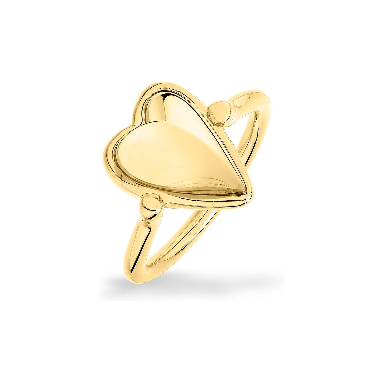 Ein goldener Liebeskind Ring aus Edelstahl in Herzform, schräg liegend präsentiert.
