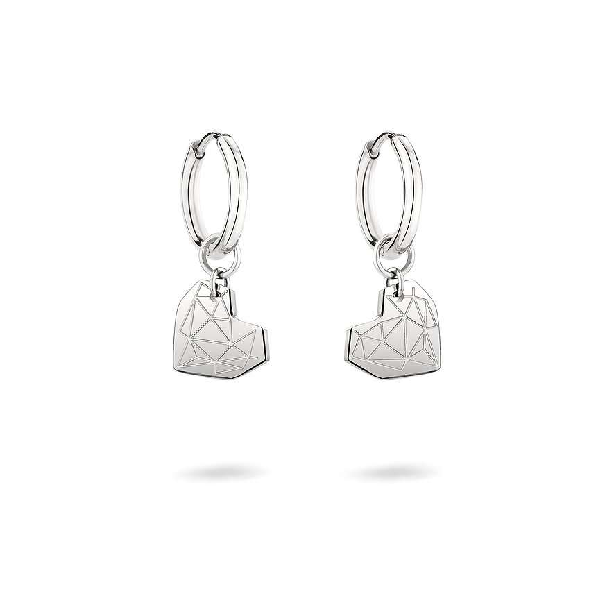 Liebeskind Ohrschmuck aus Edelstahl mit herzförmigen Anhängern, die ein geometrisches Muster zeigen.