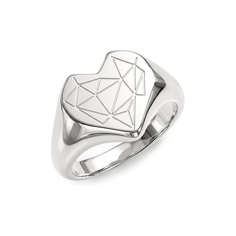 Anello Liebeskind in acciaio inox, forma a cuore e motivo geometrico sulla parte superiore, primo piano.