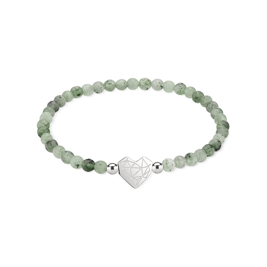 Armband von Liebeskind aus Edelstahl mit grünen Küpfen und einem geometrisch gemusterten Herzanhänger.
