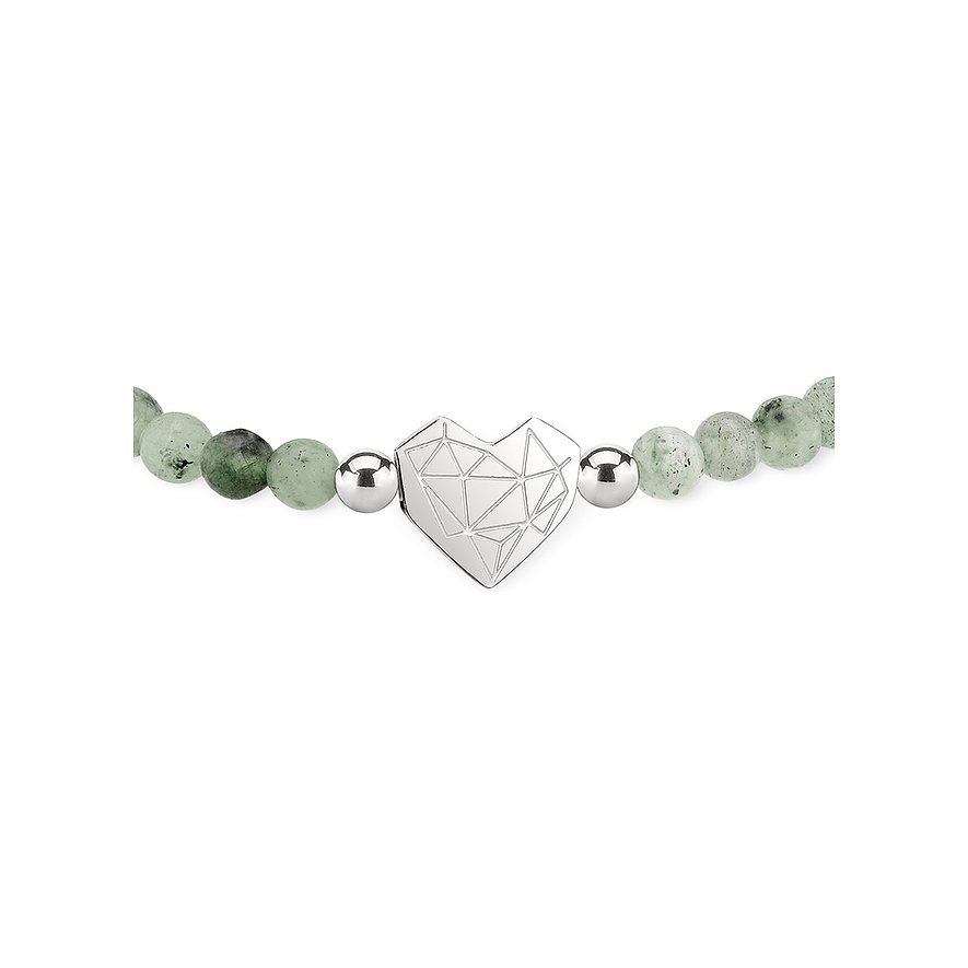 Armband von Liebeskind aus Edelstahl mit pastellgrünen Steinperlen. Herzförmiges Element in der Mitte.