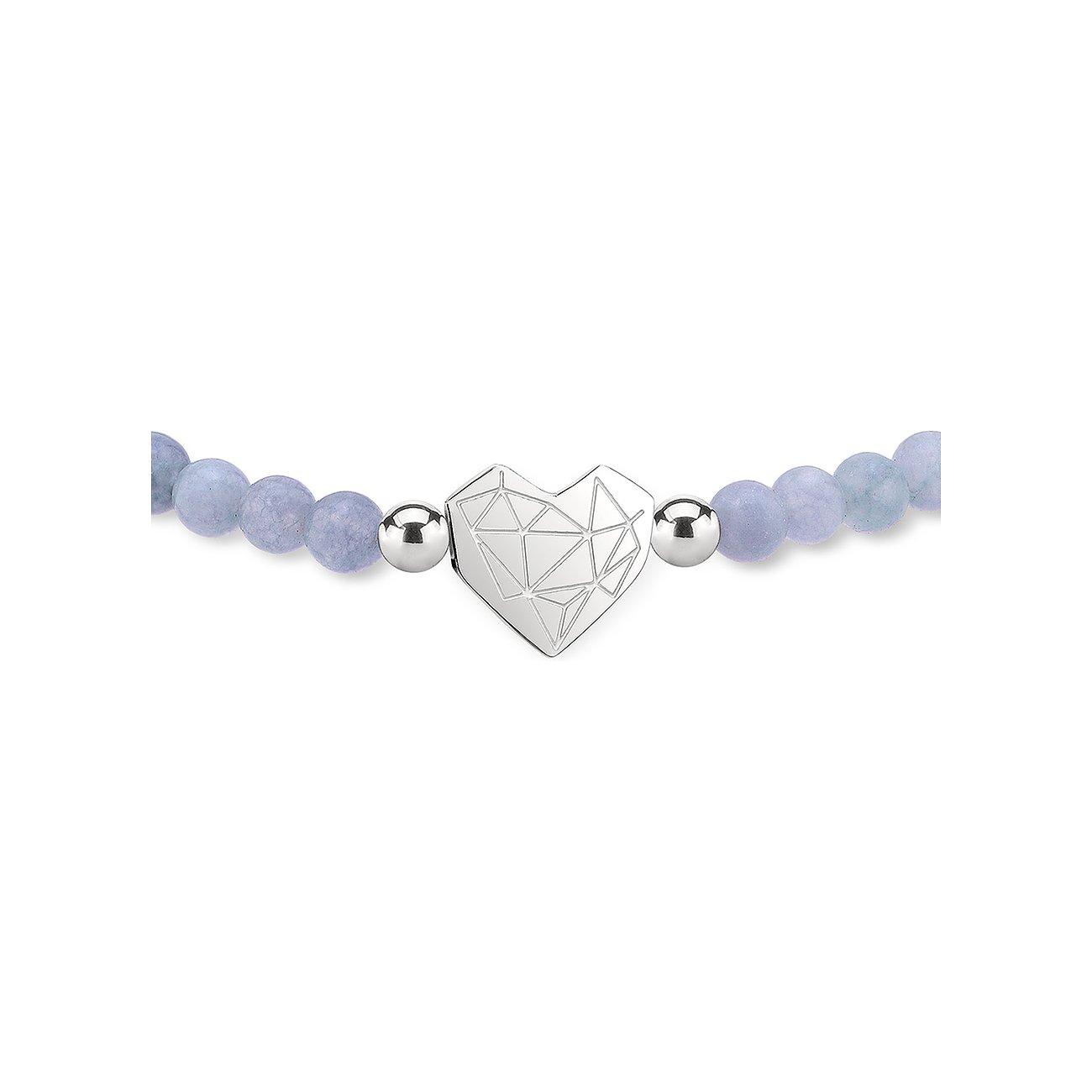 Das Liebeskind Armband aus Edelstahl zeigt ein Herz-Element mit geometrischen Linien, umgeben von lilafarbenen Perlen.