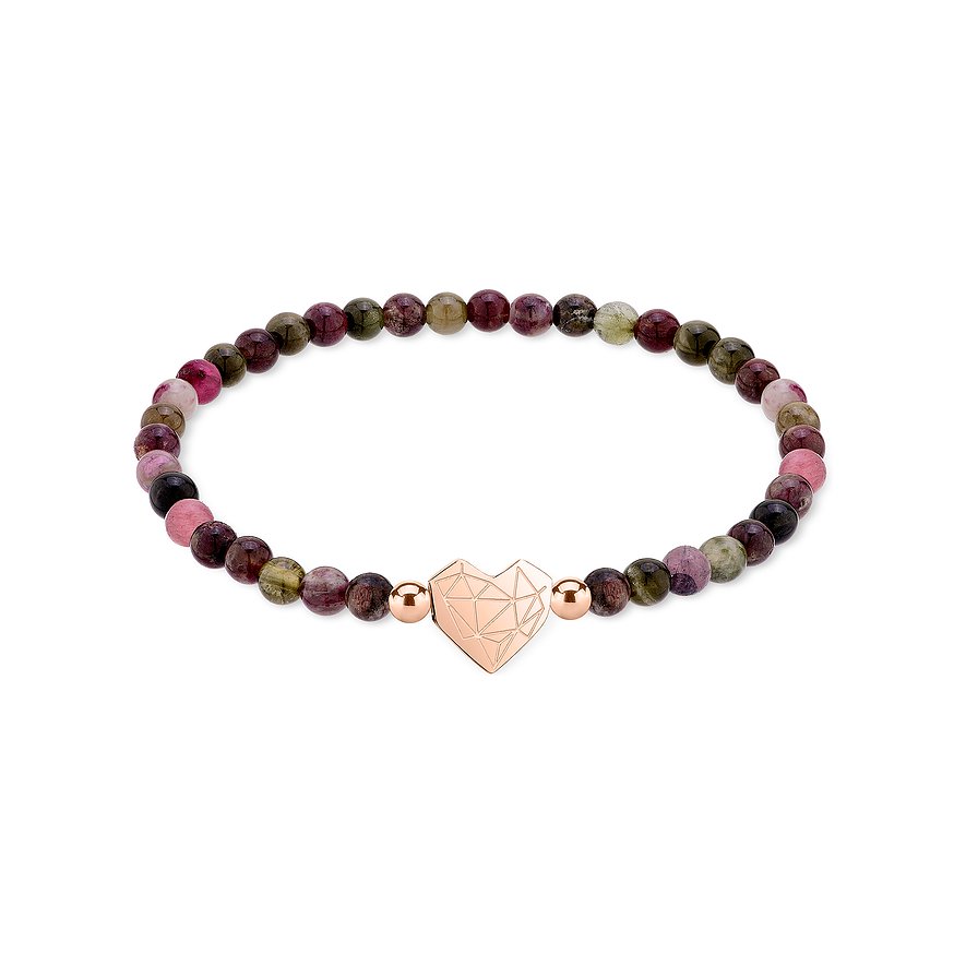 Liebeskind Armschmuck aus facettierten, bunten Turmalin-Kugeln mit einem roségoldenen Edelstahl-Herzanhänger.