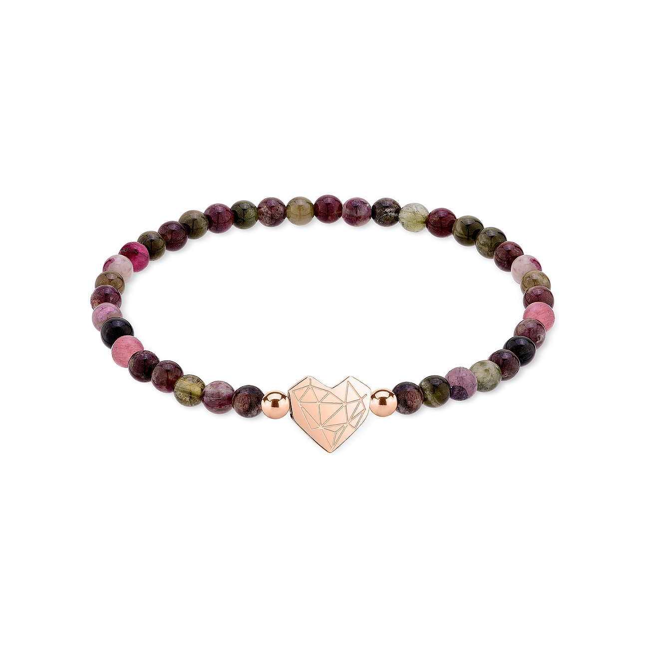 Liebeskind Armschmuck aus facettierten, bunten Turmalin-Kugeln mit einem roségoldenen Edelstahl-Herzanhänger.
