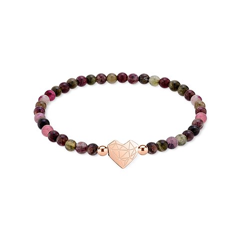 Liebeskind Armschmuck aus facettierten, bunten Turmalin-Kugeln mit einem roségoldenen Edelstahl-Herzanhänger.