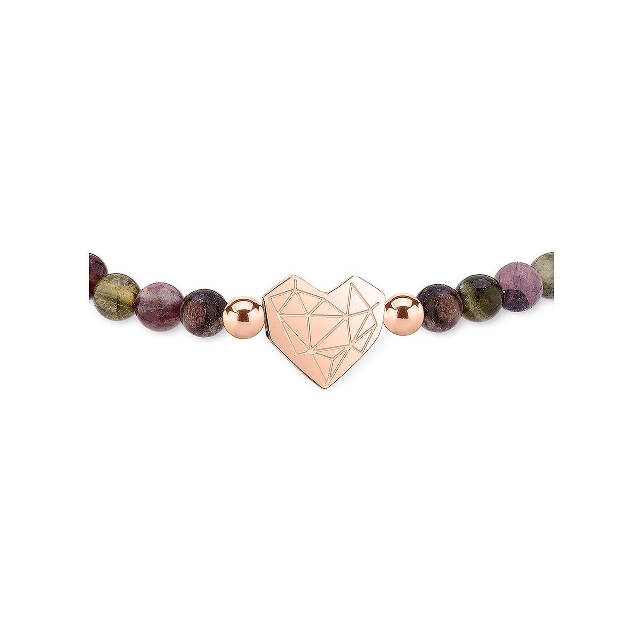 Liebeskind Armschmuck aus Edelstahl mit Facettenherz und bunten Natursteinperlen in Roségold und Braun