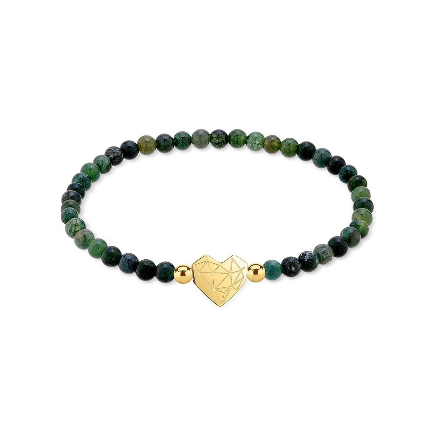 Liebeskind Armband aus Edelstahl mit dunkelgrünen Steinperlen und einem goldenen Herz in der Mitte.