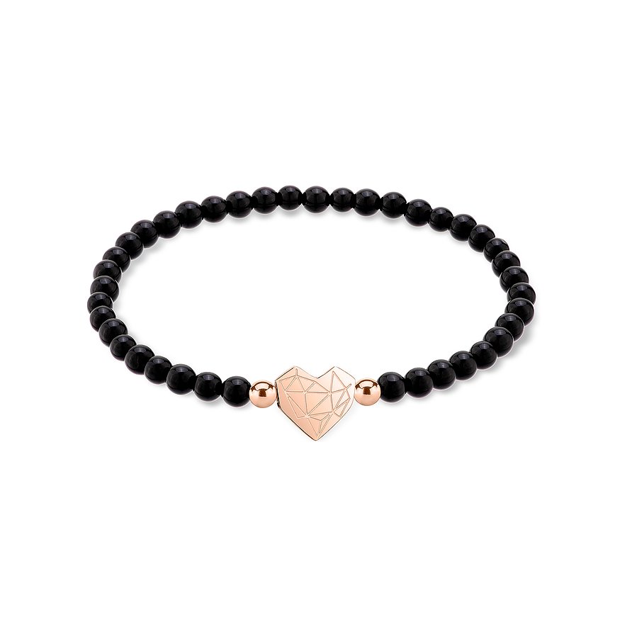 Liebeskind Armschmuck aus Edelstahl mit Facettenherz und schwarzen Perlen.